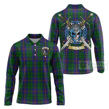 Tartan Vibes Clothing Carmichael Tartan Long Sleeve Polo Shirt with Family Crest Celtic Skull Style