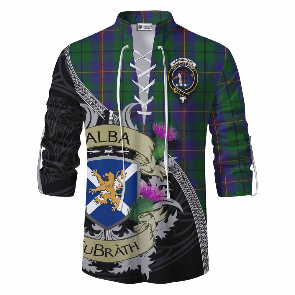 Tartan Vibes Clothing Carmichael Tartan Family Crest Ghillie Kilt Shirt Lion Rampant Royal Thistle Shield Celtic Inspired