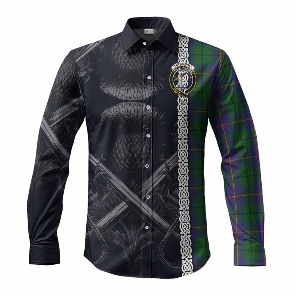 Tartan Vibes Clothing Carmichael Tartan Long Sleeve Button Shirt with Family Crest Cross Sword Thistle Celtic Vibes
