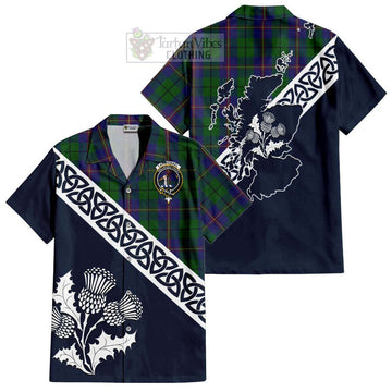 Tartan Vibes Clothing Carmichael Tartan Short Sleeve Button Shirt Featuring Thistle and Scotland Map