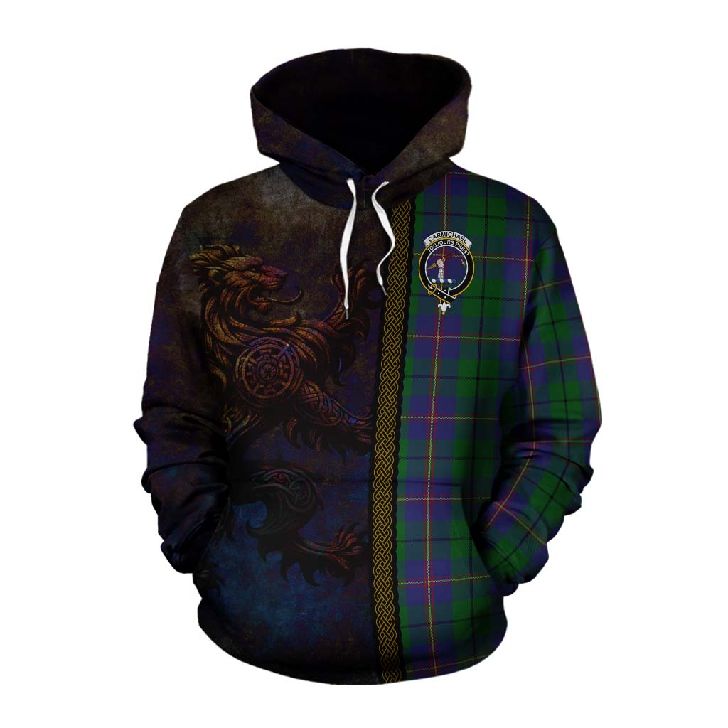 Tartan Vibes Clothing Carmichael Tartan Family Crest Cotton Hoodie Alba Gu Brath Be Brave Lion Ancient Style