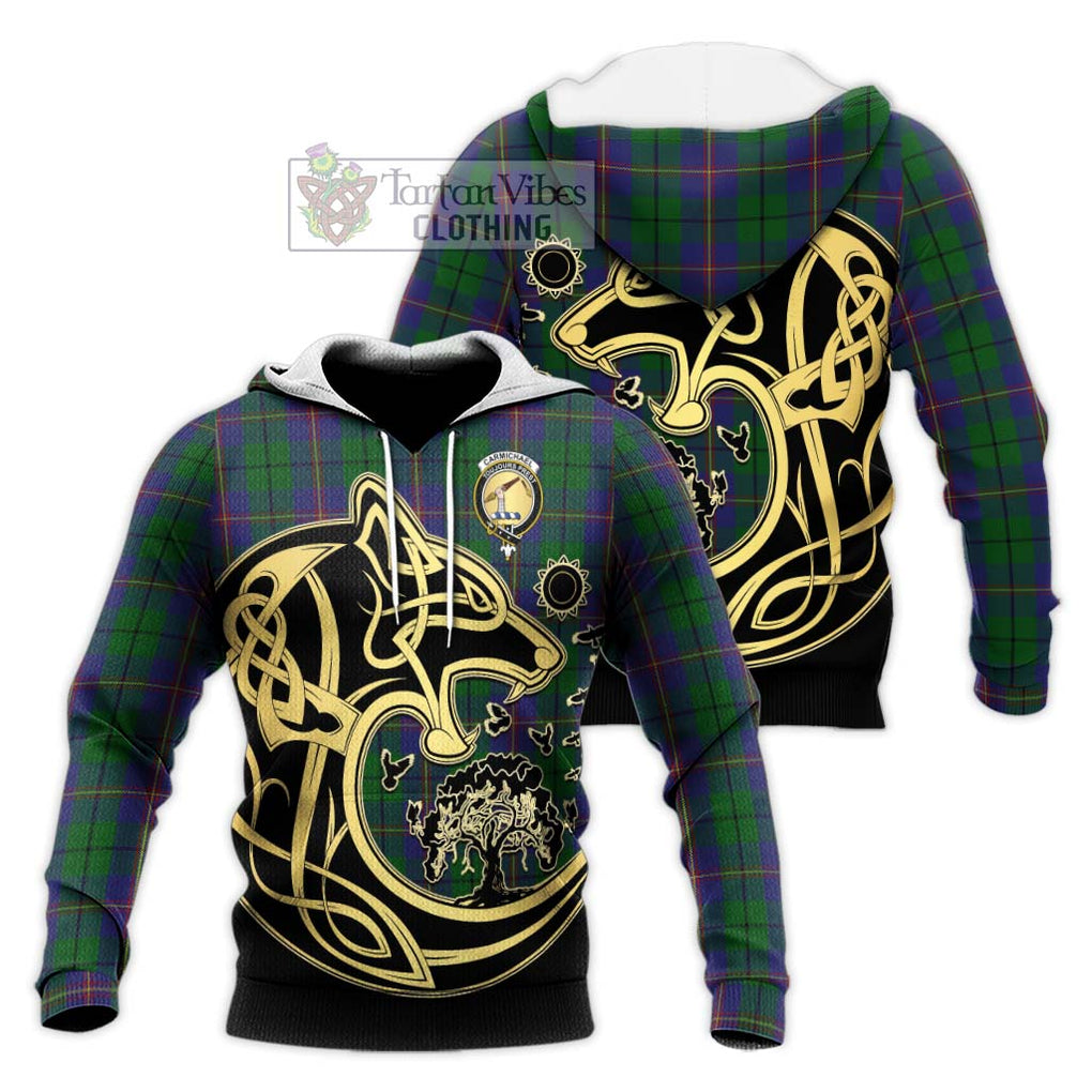 Carmichael Tartan Knitted Hoodie with Family Crest Celtic Wolf Style Unisex Knitted Pullover Hoodie - Tartan Vibes Clothing