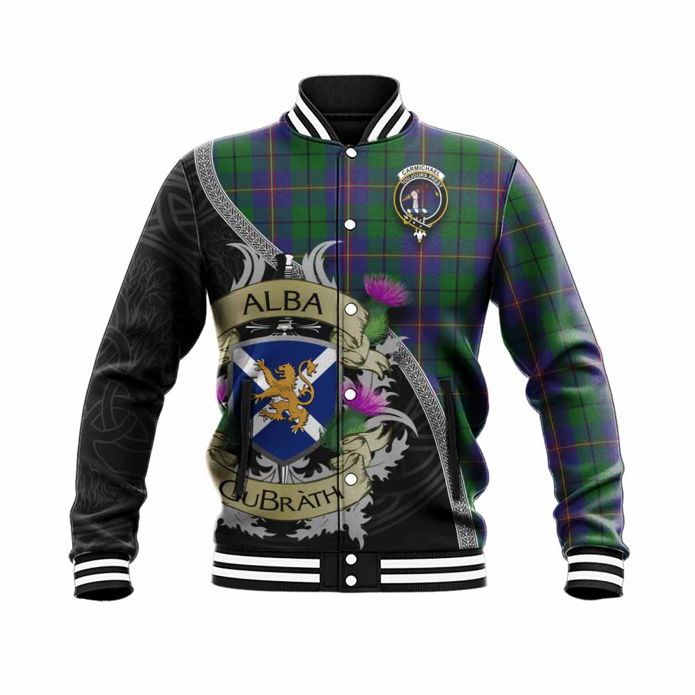 Tartan Vibes Clothing Carmichael Tartan Family Crest Baseball Jacket Lion Rampant Royal Thistle Shield Celtic Inspired