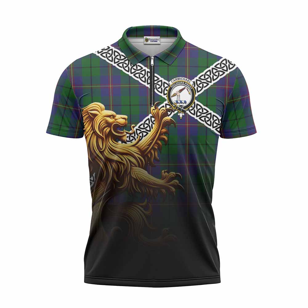 Tartan Vibes Clothing Carmichael Crest Tartan Zipper Polo Shirt with Golden Lion Emblem Celtic Style