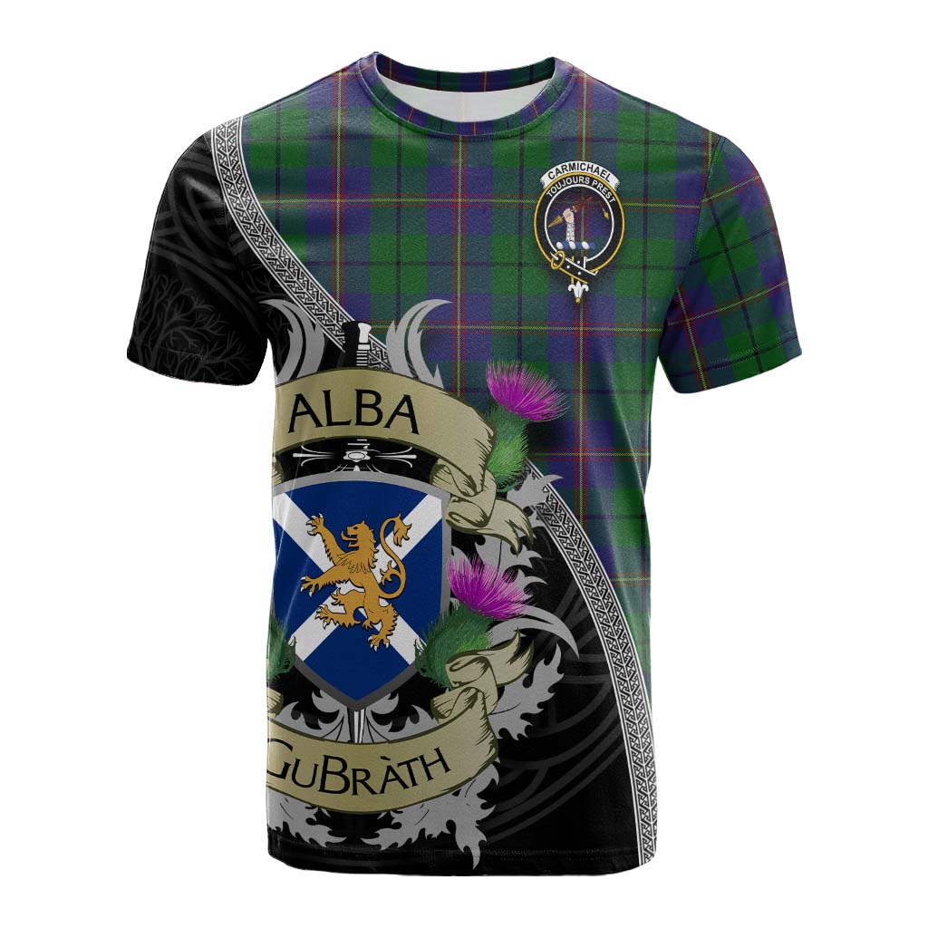 Tartan Vibes Clothing Carmichael Tartan Family Crest Cotton T-shirt Lion Rampant Royal Thistle Shield Celtic Inspired