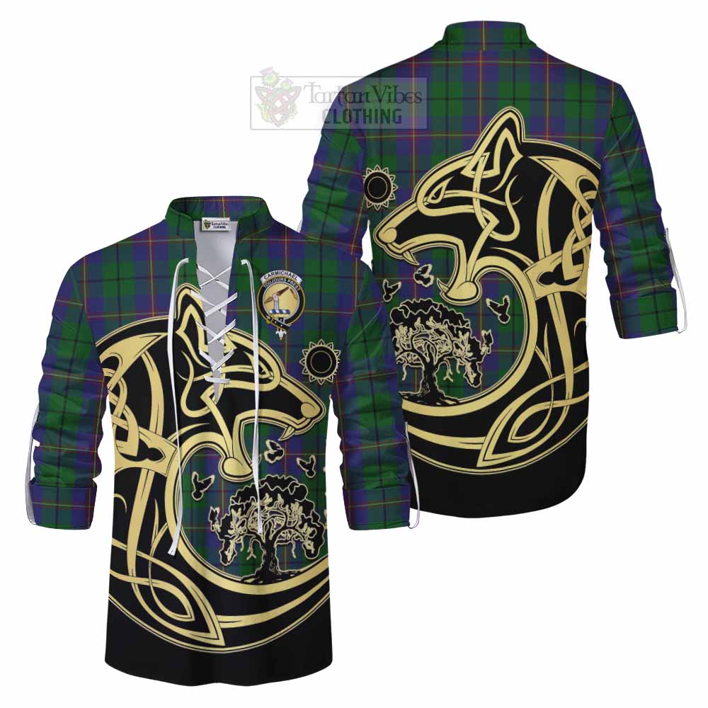 Tartan Vibes Clothing Carmichael Tartan Ghillie Kilt Shirt with Family Crest Celtic Wolf Style
