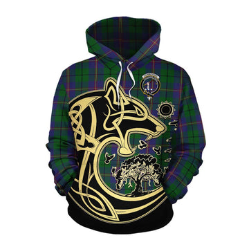 Tartan Vibes Clothing Carmichael Tartan Cotton Hoodie with Family Crest Celtic Wolf Style