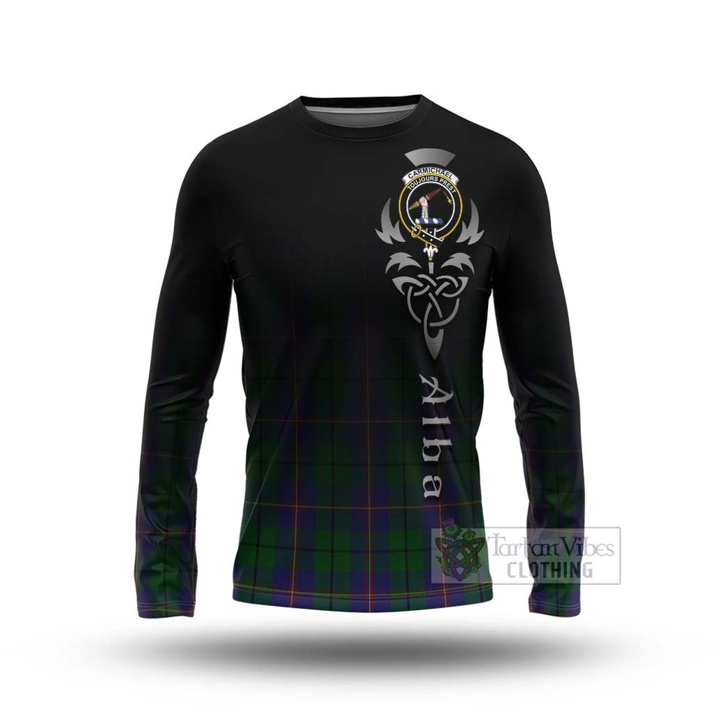 Tartan Vibes Clothing Carmichael Tartan Long Sleeve T-Shirt Featuring Alba Gu Brath Family Crest Celtic Inspired