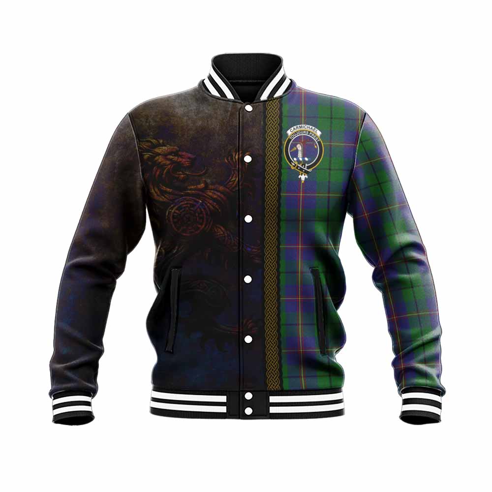 Tartan Vibes Clothing Carmichael Tartan Family Crest Baseball Jacket Alba Gu Brath Be Brave Lion Ancient Style