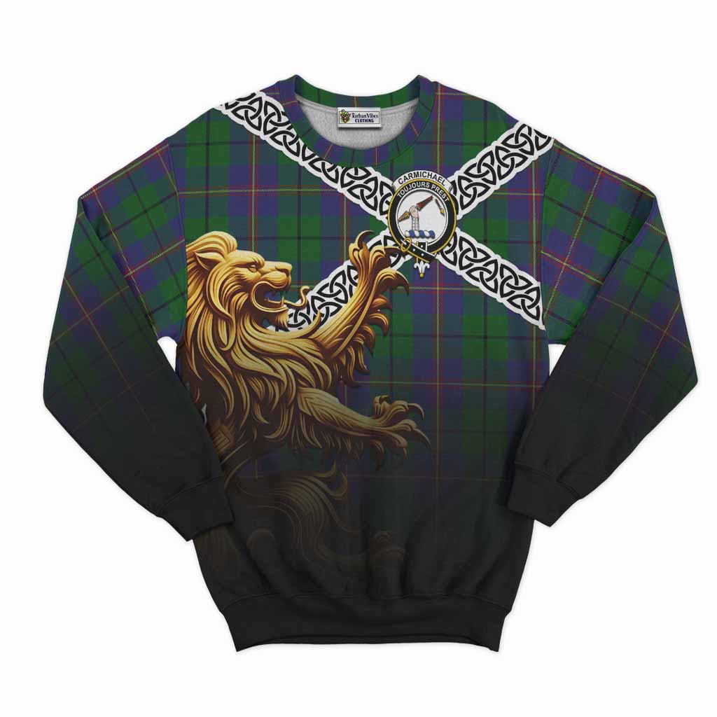 Tartan Vibes Clothing Carmichael Crest Tartan Sweatshirt with Golden Lion Emblem Celtic Style