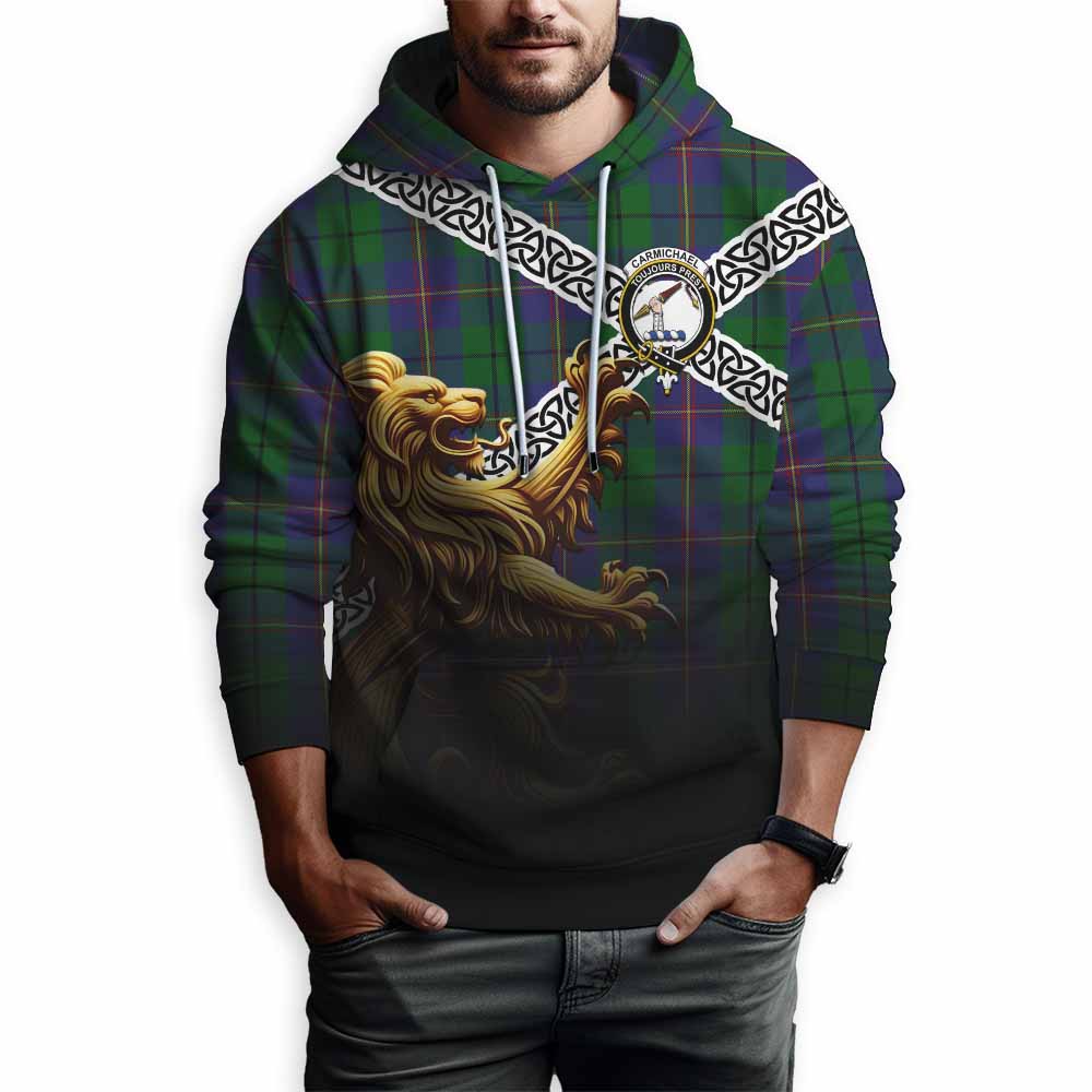 Tartan Vibes Clothing Carmichael Crest Tartan Hoodie with Golden Lion Emblem Celtic Style