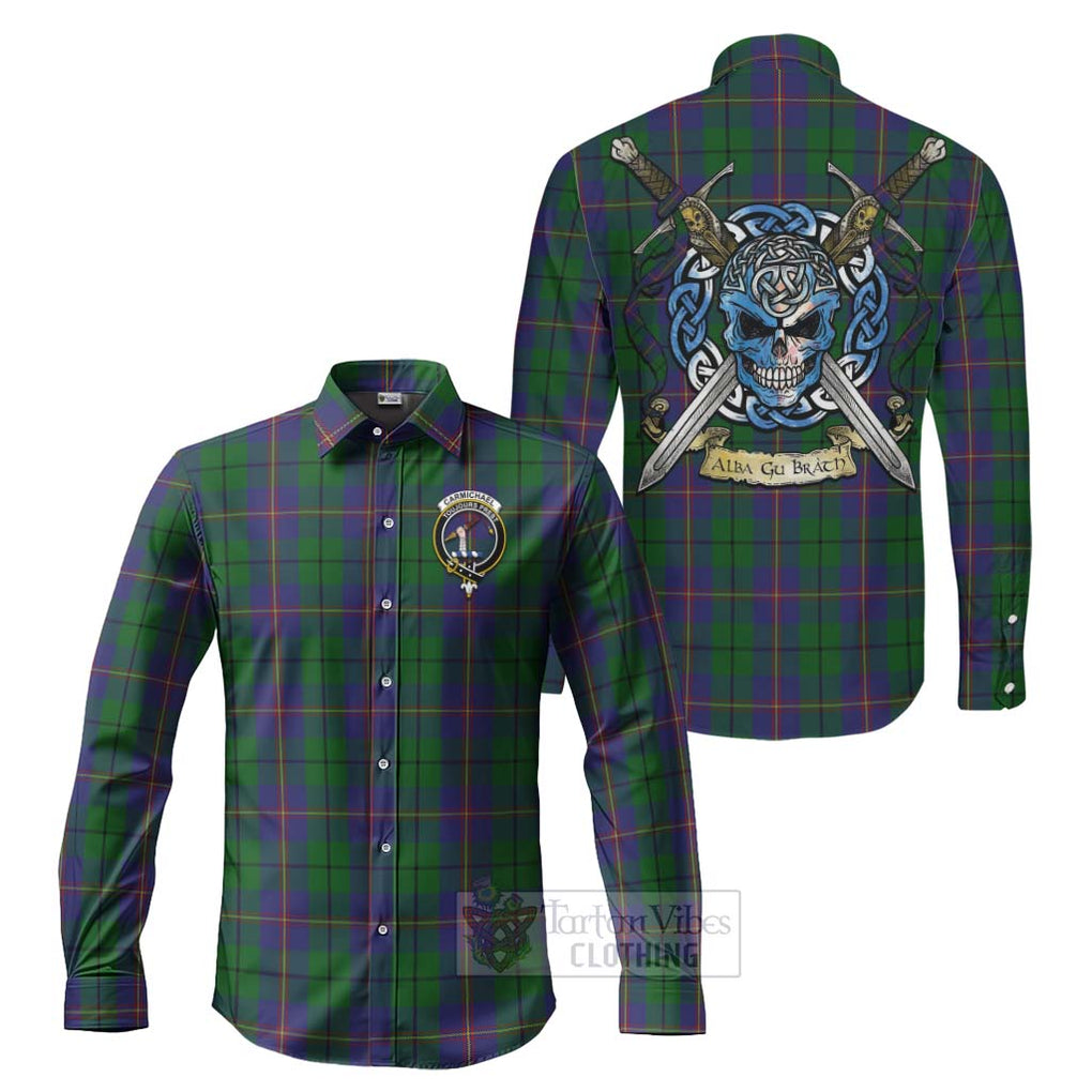 Tartan Vibes Clothing Carmichael Tartan Long Sleeve Button Shirt with Family Crest Celtic Skull Style