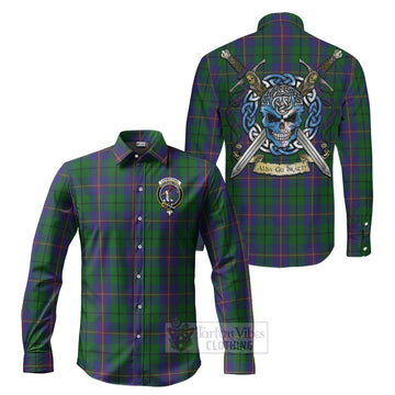 Tartan Vibes Clothing Carmichael Tartan Long Sleeve Button Shirt with Family Crest Celtic Skull Style