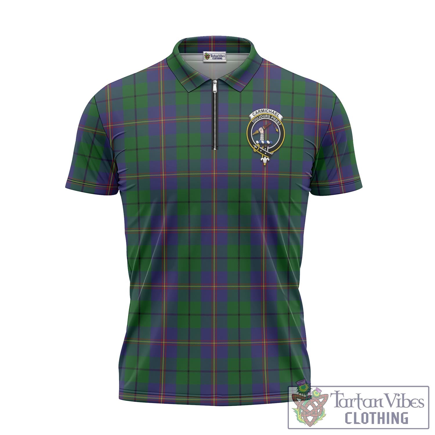 Tartan Vibes Clothing Carmichael Tartan Zipper Polo Shirt with Family Crest