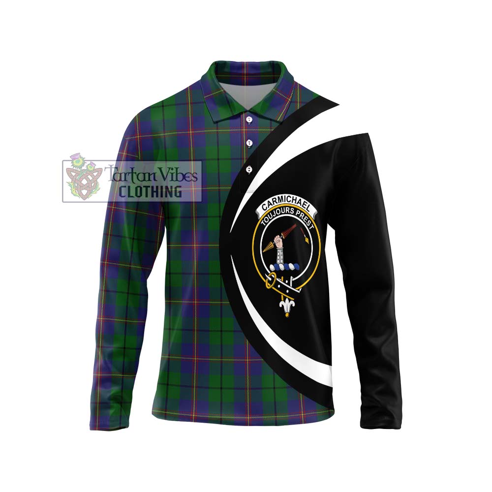 Carmichael Tartan Long Sleeve Polo Shirt with Family Crest Circle Style Unisex - Tartan Vibes Clothing