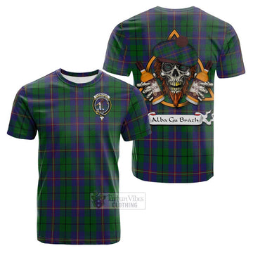 Carmichael Tartan Cotton T-shirt with Family Crest and Bearded Skull Holding Bottles of Whiskey