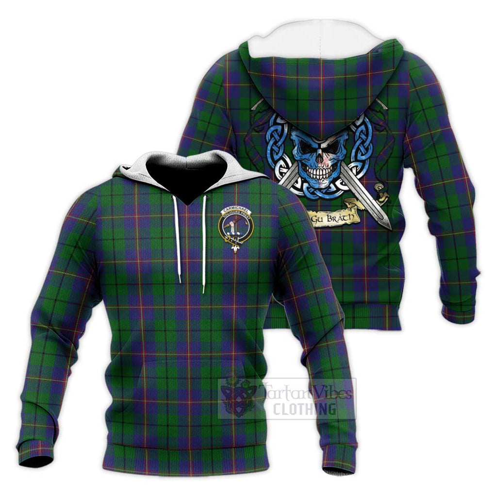 Tartan Vibes Clothing Carmichael Tartan Knitted Hoodie with Family Crest Celtic Skull Style