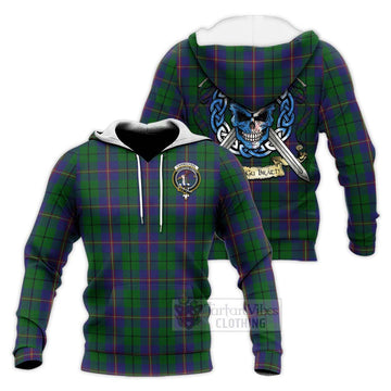 Tartan Vibes Clothing Carmichael Tartan Knitted Hoodie with Family Crest Celtic Skull Style