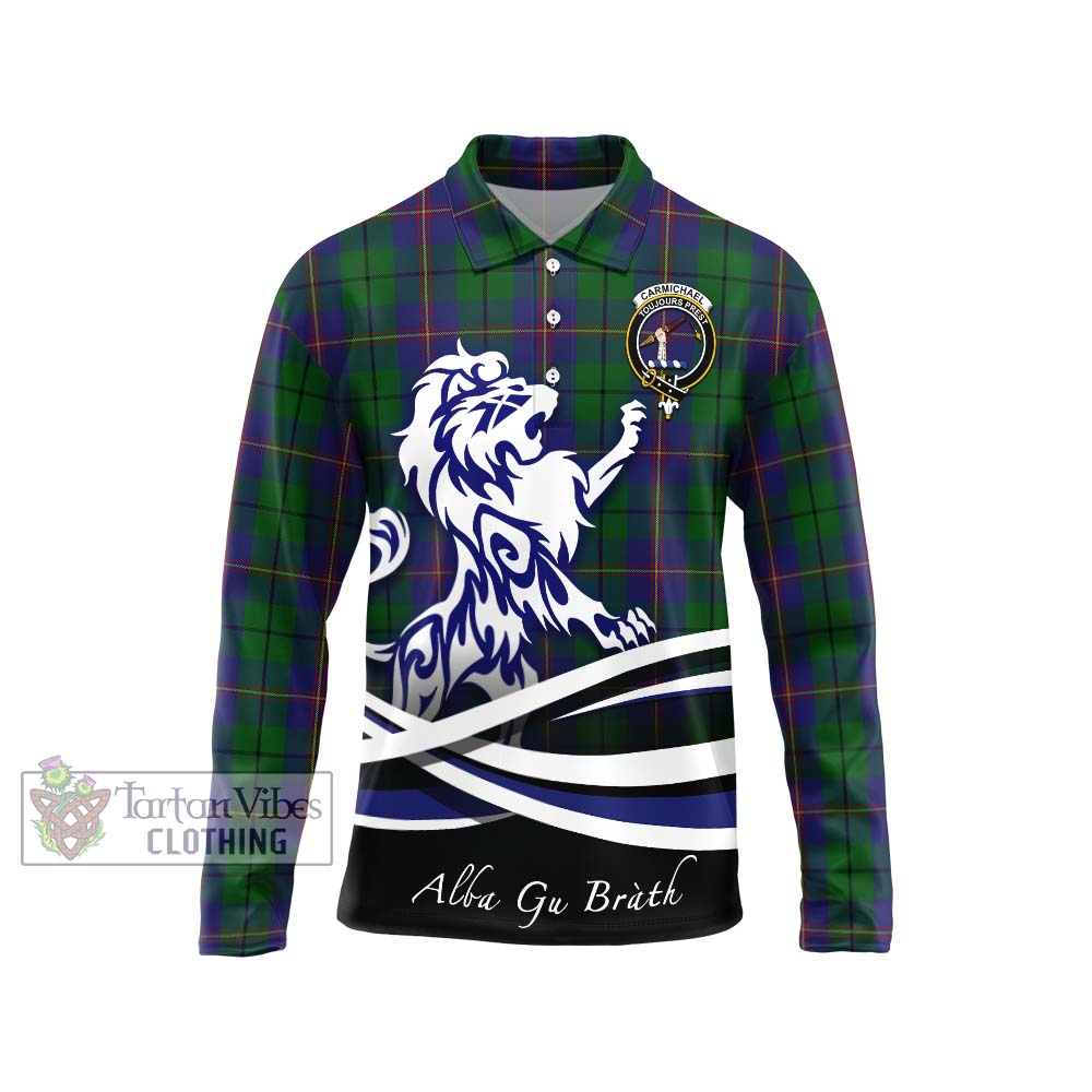 Carmichael Tartan Long Sleeve Polo Shirt with Alba Gu Brath Regal Lion Emblem Unisex - Tartanvibesclothing Shop