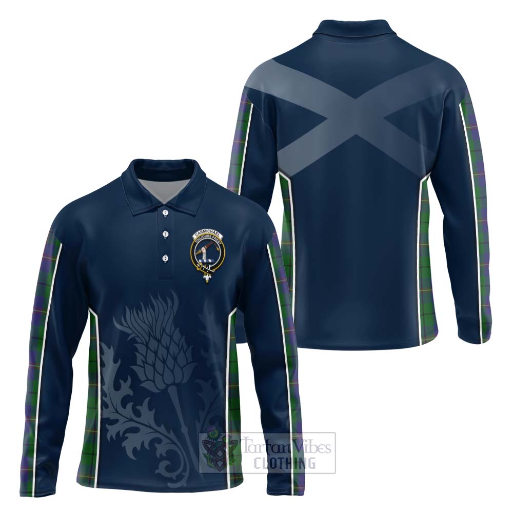 Tartan Vibes Clothing Carmichael Tartan Long Sleeve Polo Shirt with Family Crest and Scottish Thistle Vibes Sport Style