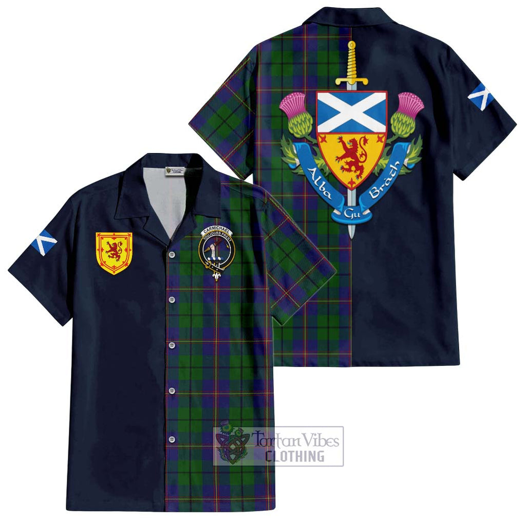 Tartan Vibes Clothing Carmichael Tartan Short Sleeve Button Shirt with Scottish Lion Royal Arm Half Style