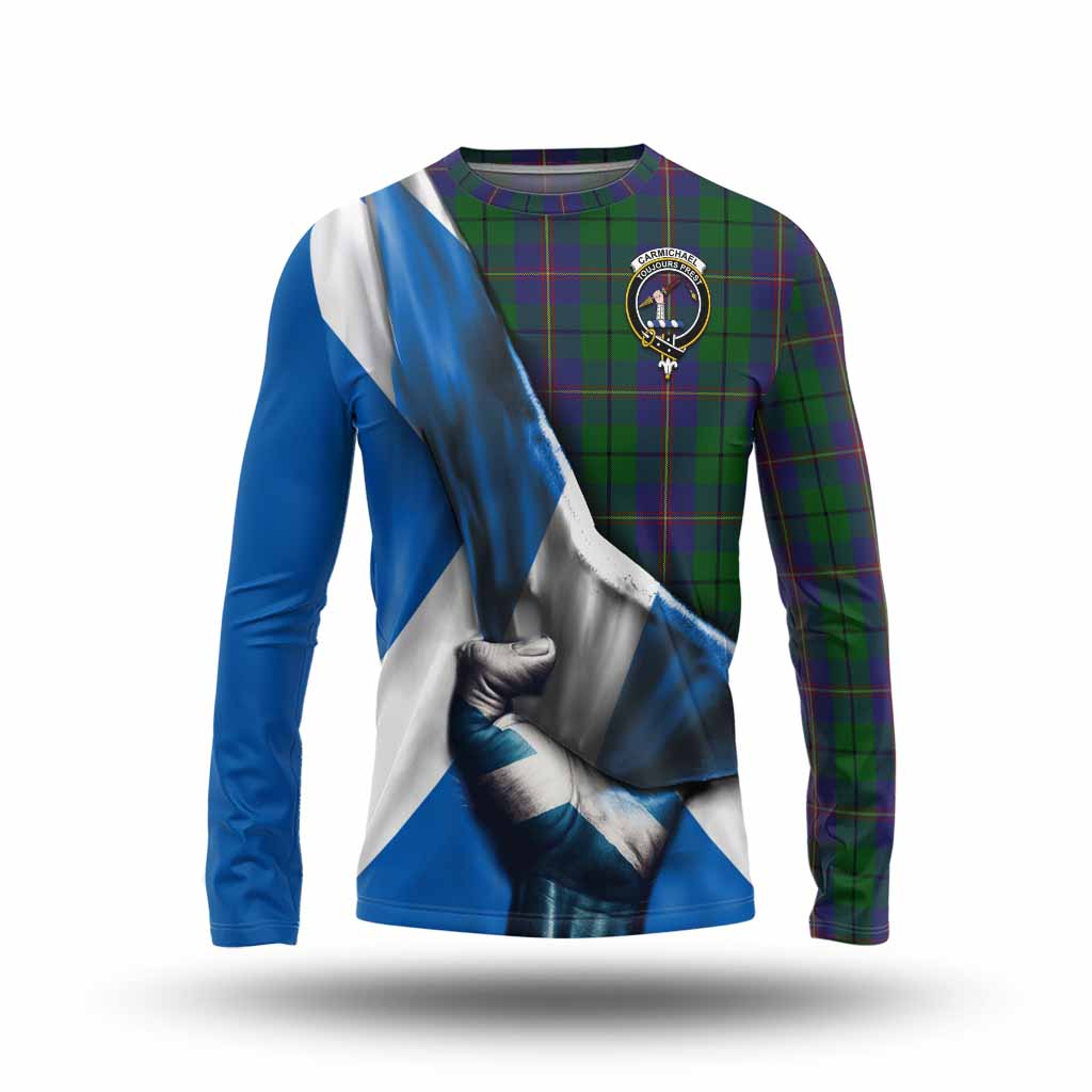 Tartan Vibes Clothing Carmichael Tartan Long Sleeve T-Shirt with Family Crest Scotland Patriotic Style