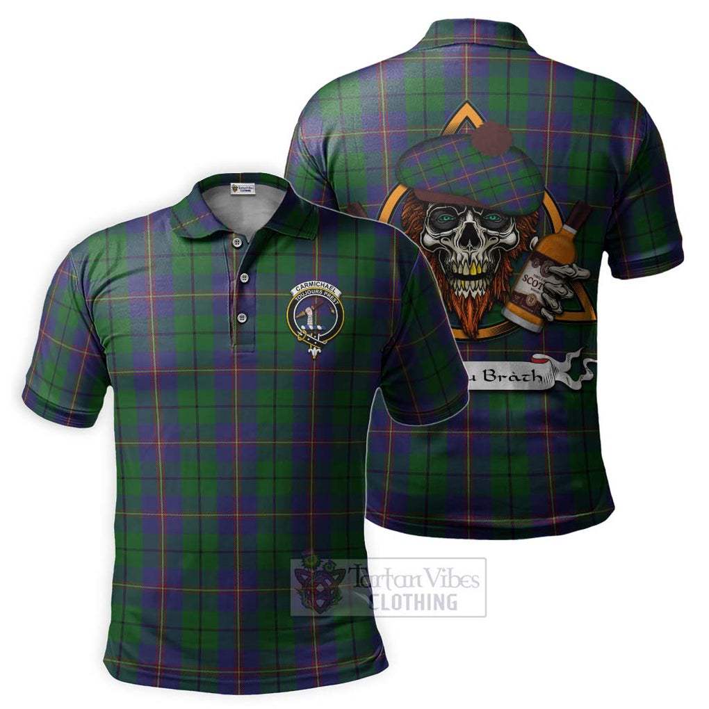 Tartan Vibes Clothing Carmichael Tartan Polo Shirt with Family Crest and Bearded Skull Holding Bottles of Whiskey