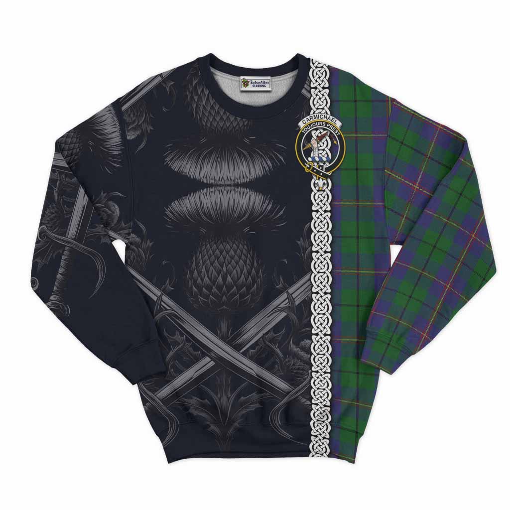 Tartan Vibes Clothing Carmichael Tartan Sweatshirt with Family Crest Cross Sword Thistle Celtic Vibes
