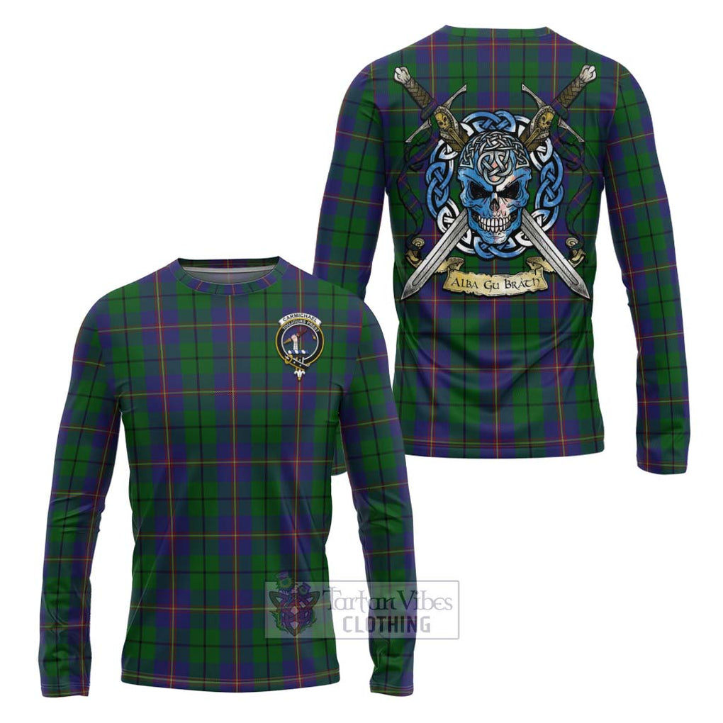 Tartan Vibes Clothing Carmichael Tartan Long Sleeve T-Shirt with Family Crest Celtic Skull Style