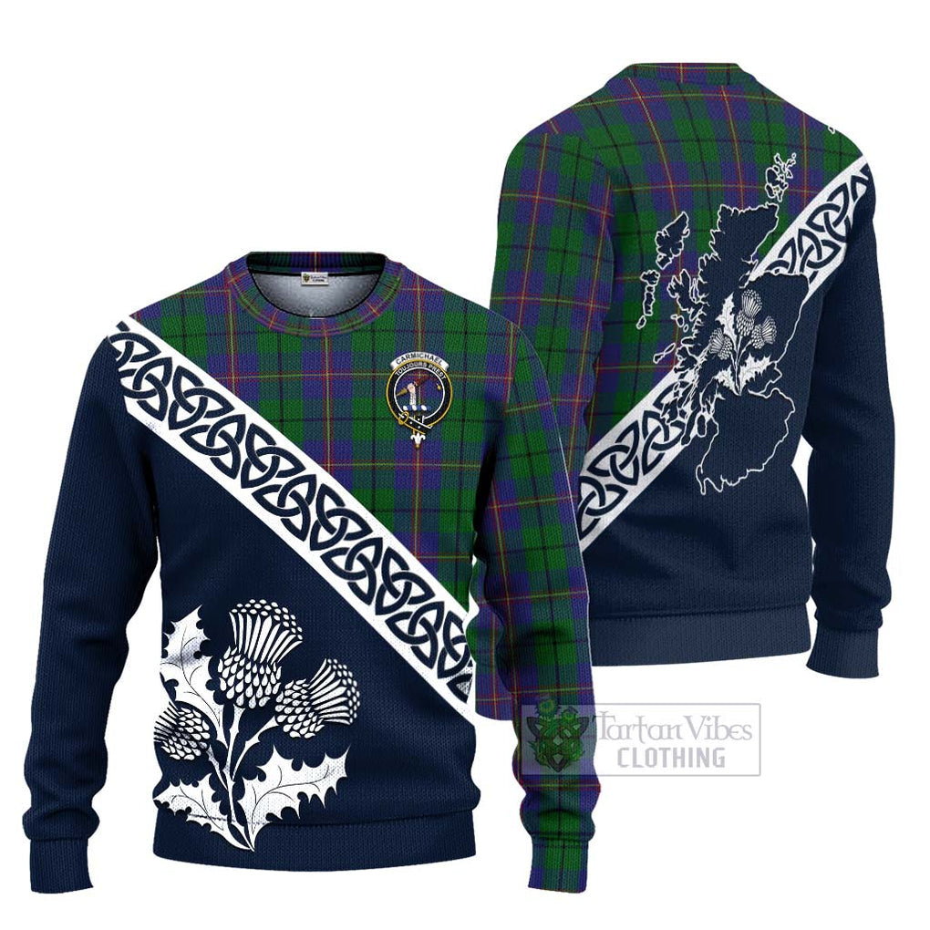 Tartan Vibes Clothing Carmichael Tartan Knitted Sweater Featuring Thistle and Scotland Map