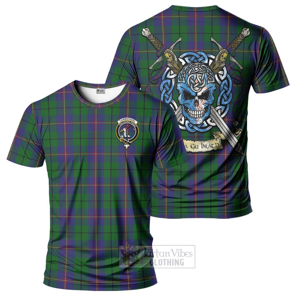 Tartan Vibes Clothing Carmichael Tartan T-Shirt with Family Crest Celtic Skull Style