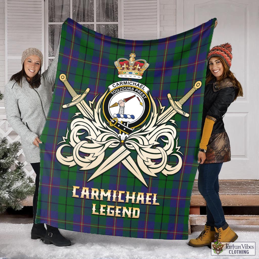 Tartan Vibes Clothing Carmichael Tartan Blanket with Clan Crest and the Golden Sword of Courageous Legacy