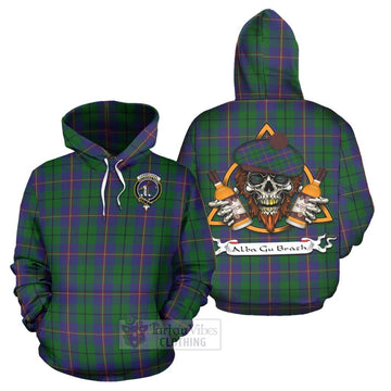Tartan Vibes Clothing Carmichael Tartan Hoodie with Family Crest and Bearded Skull Holding Bottles of Whiskey