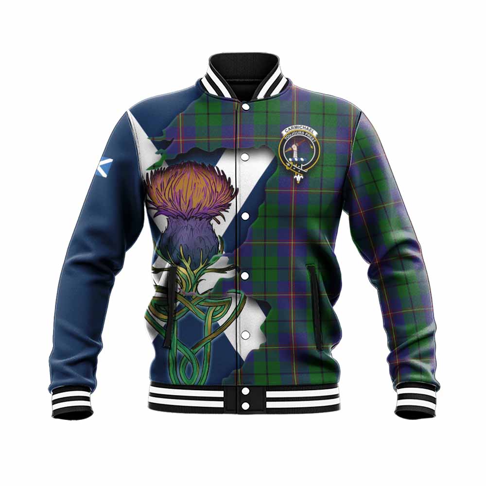 Tartan Vibes Clothing Carmichael Tartan Family Crest Baseball Jacket Scottish Thistle Celtic Inspired