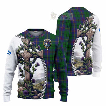 Tartan Vibes Clothing Carmichael Tartan Knitted Sweater with Family Crest and St. Andrew's Cross Accented by Thistle Vines