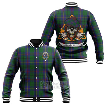 Tartan Vibes Clothing Carmichael Tartan Baseball Jacket with Family Crest and Bearded Skull Holding Bottles of Whiskey
