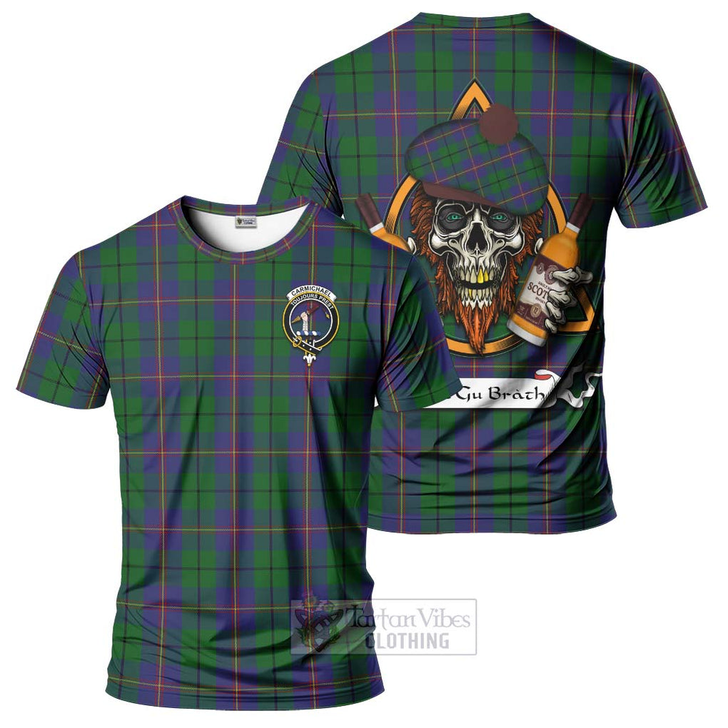 Tartan Vibes Clothing Carmichael Tartan T-Shirt with Family Crest and Bearded Skull Holding Bottles of Whiskey