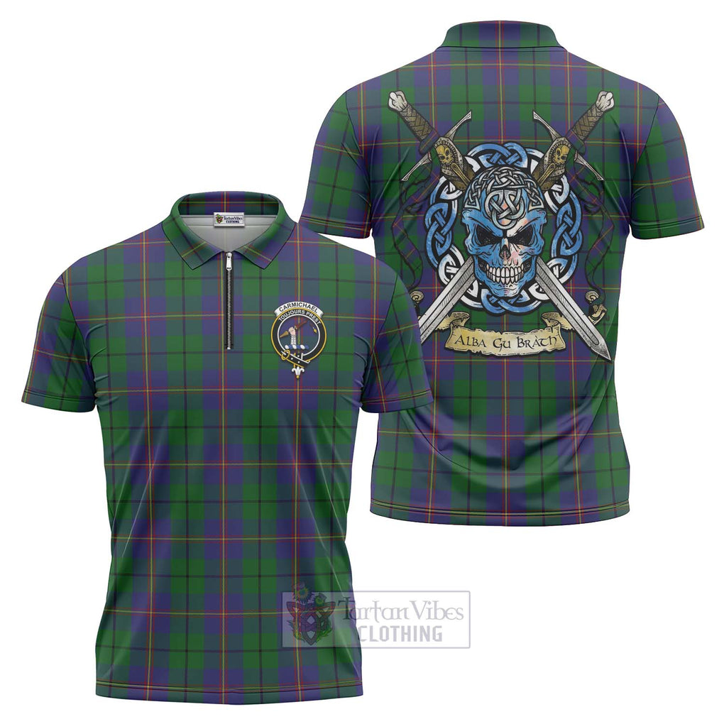 Tartan Vibes Clothing Carmichael Tartan Zipper Polo Shirt with Family Crest Celtic Skull Style