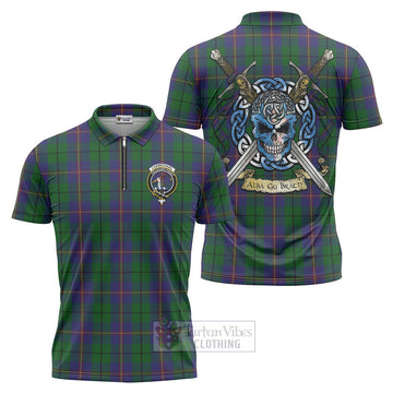 Tartan Vibes Clothing Carmichael Tartan Zipper Polo Shirt with Family Crest Celtic Skull Style