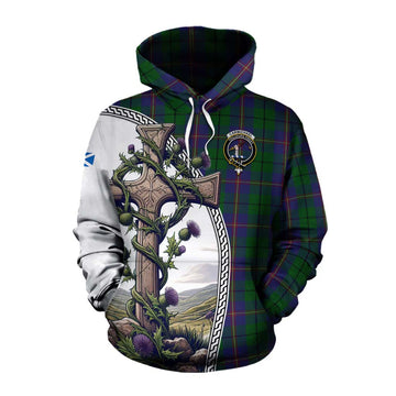 Tartan Vibes Clothing Carmichael Tartan Cotton Hoodie with Family Crest and St. Andrew's Cross Accented by Thistle Vines
