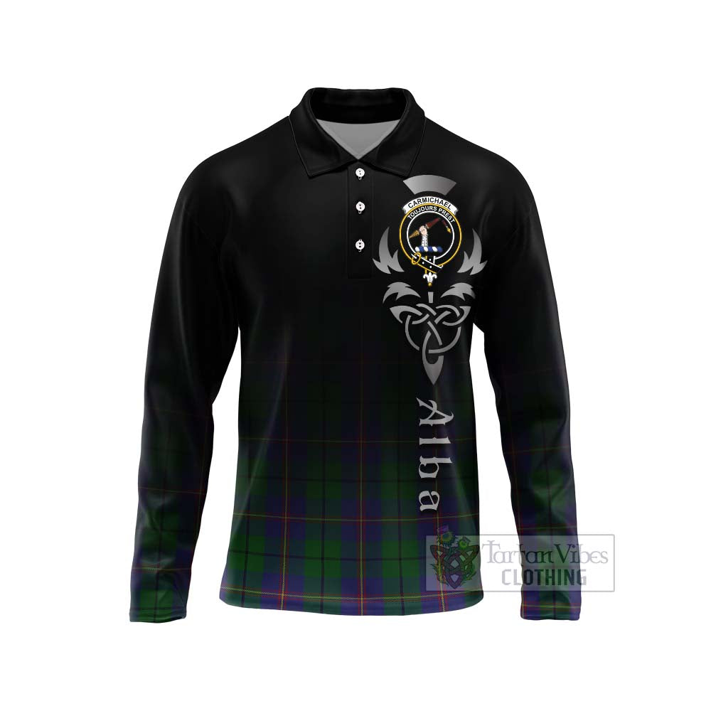 Tartan Vibes Clothing Carmichael Tartan Long Sleeve Polo Shirt Featuring Alba Gu Brath Family Crest Celtic Inspired