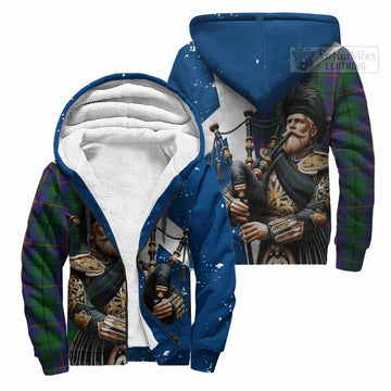 Tartan Vibes Clothing Carmichael Tartan Sherpa Hoodie with Family Crest Scottish Bagpiper Vibes