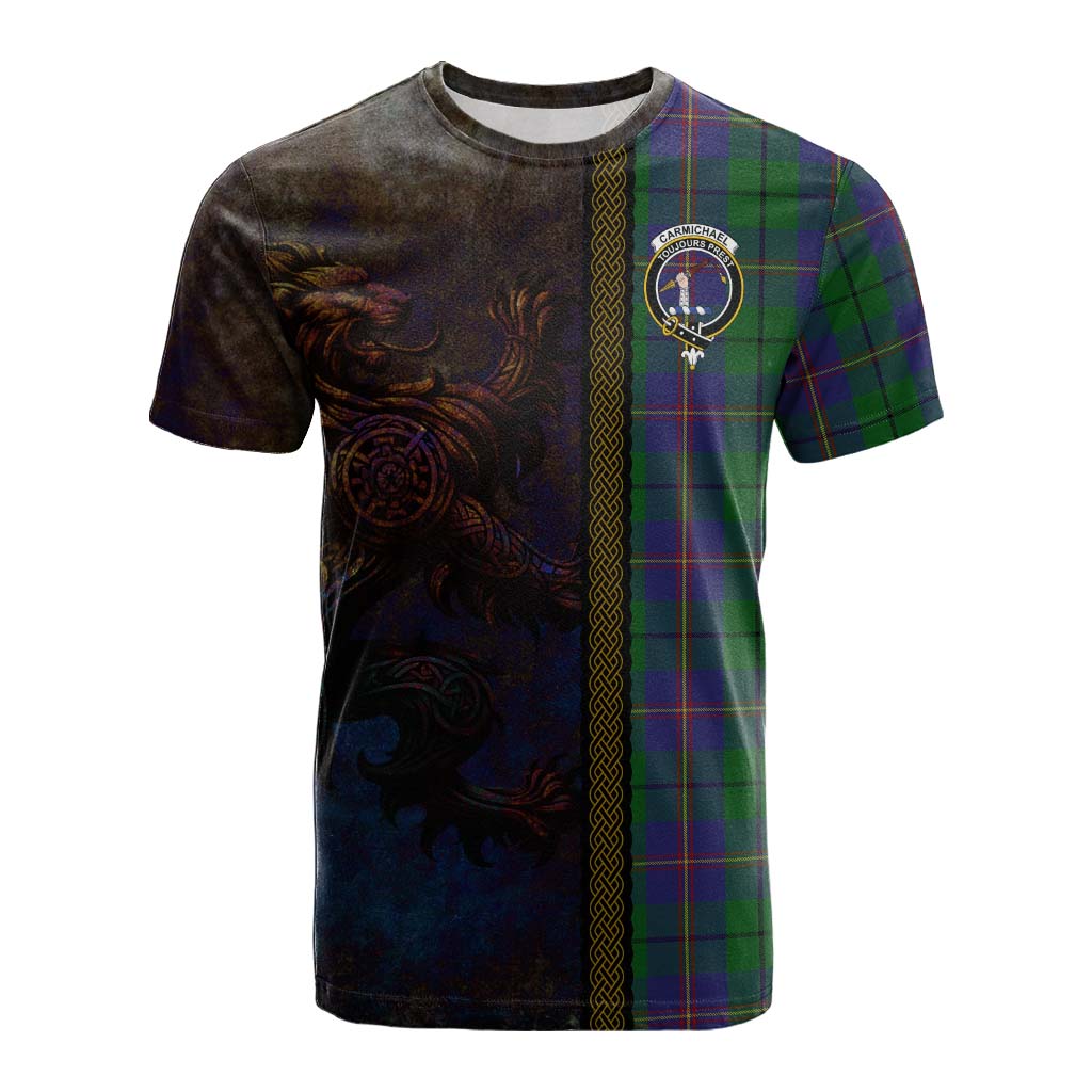 Tartan Vibes Clothing Carmichael Tartan Family Crest Cotton T-shirt Alba Gu Brath Be Brave Lion Ancient Style