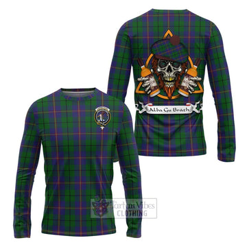 Tartan Vibes Clothing Carmichael Tartan Long Sleeve T-Shirt with Family Crest and Bearded Skull Holding Bottles of Whiskey