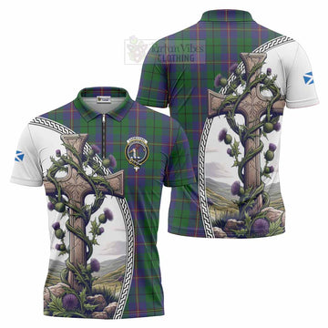 Tartan Vibes Clothing Carmichael Tartan Zipper Polo Shirt with Family Crest and St. Andrew's Cross Accented by Thistle Vines