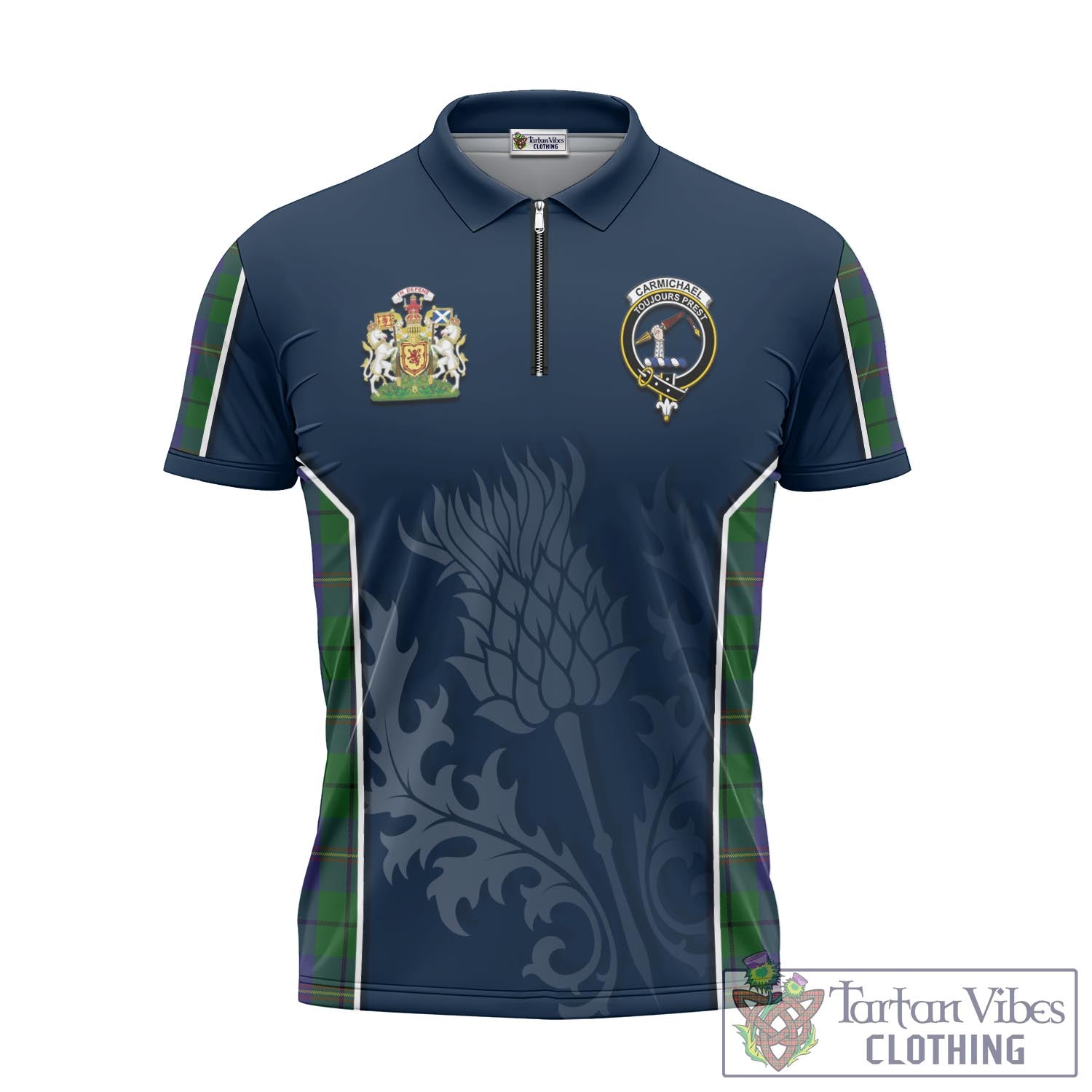 Tartan Vibes Clothing Carmichael Tartan Zipper Polo Shirt with Family Crest and Scottish Thistle Vibes Sport Style