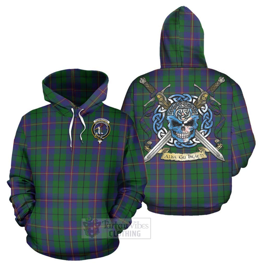 Tartan Vibes Clothing Carmichael Tartan Hoodie with Family Crest Celtic Skull Style