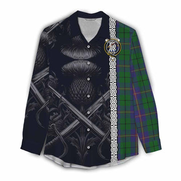 Tartan Vibes Clothing Carmichael Tartan Women's Casual Shirt with Family Crest Cross Sword Thistle Celtic Vibes