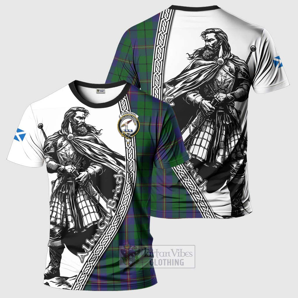 Tartan Vibes Clothing Carmichael Tartan Clan Crest T-Shirt with Highlander Warrior Celtic Style