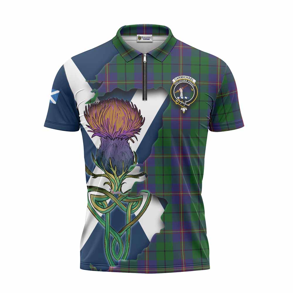 Tartan Vibes Clothing Carmichael Tartan Family Crest Zipper Polo Shirt Scottish Thistle Celtic Inspired